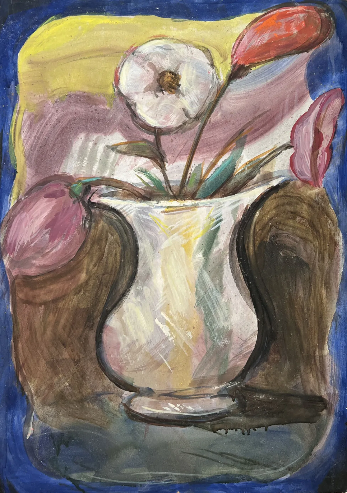 Fiori in caraffa avorio di Guido Gonzato, dipinto a olio su cartone