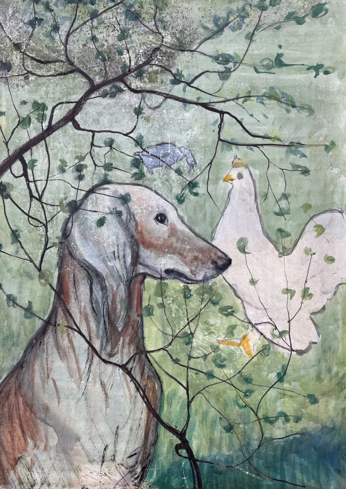 Il cane e la gallina di Guido Gonzato, dipinto a olio su cartone